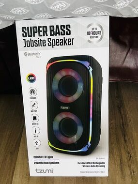 Tzumi Super Bass Jobsite Portable Bluetooth Speaker in Black with Colorful LED.